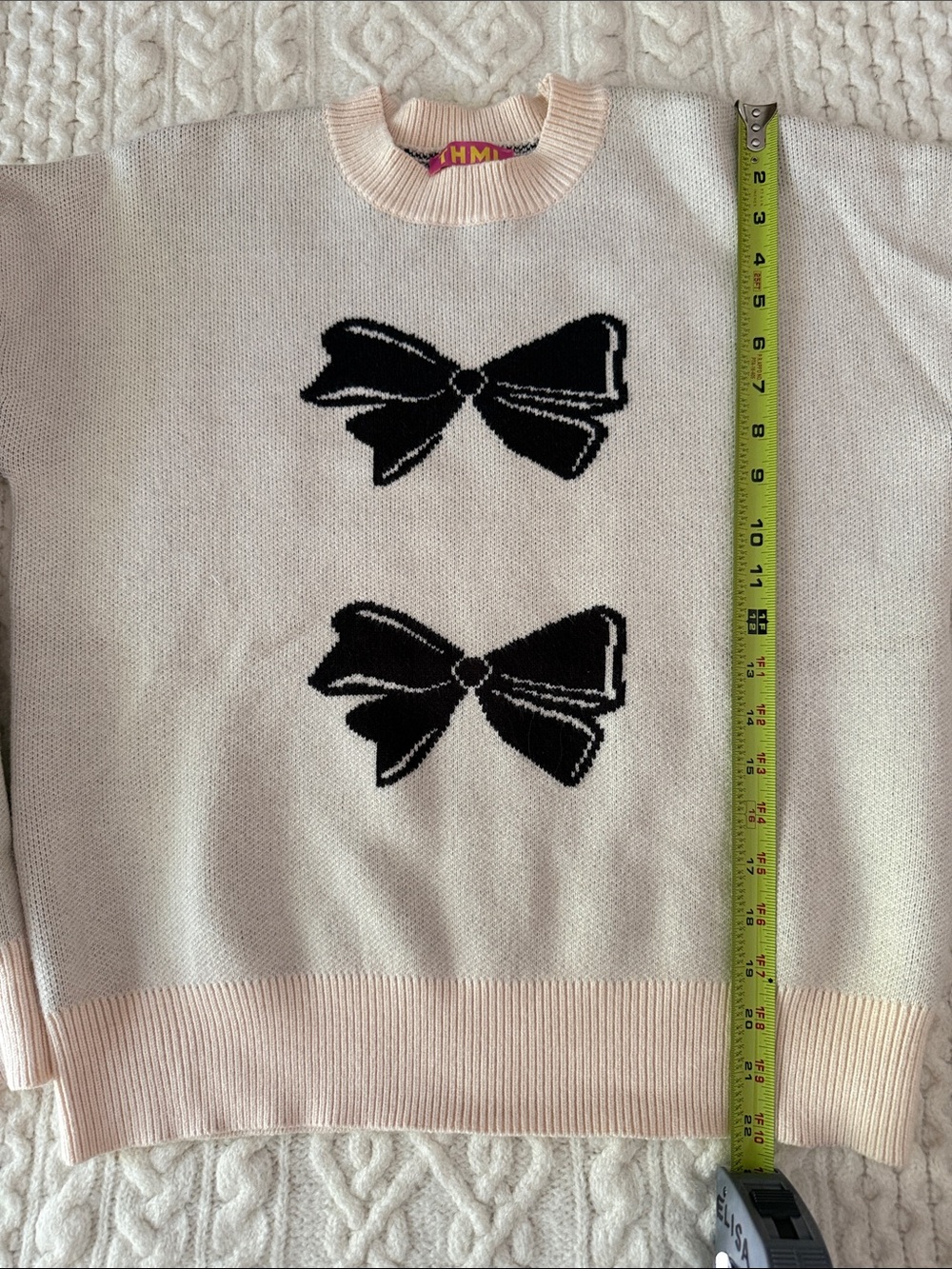 THML Cream Crewneck Sweater with Black Bow Details and Pink Trim - Picture 8 of 8
